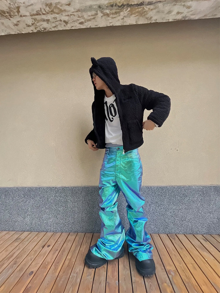 Rick Owen Acbt Coated Green Iridescent Flared Jeans - Wide-Leg Stacked Pants