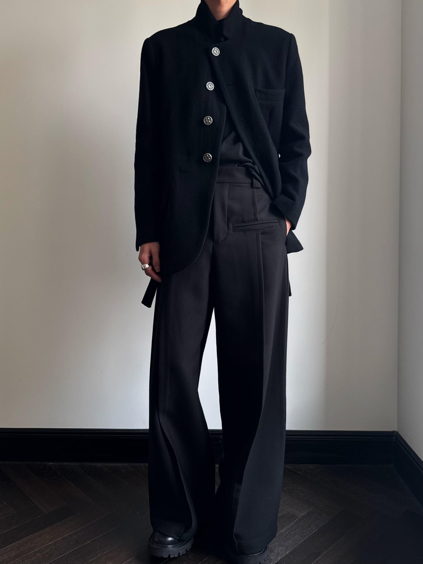 Custom-made Yohji Yamamoto Dark 100% Wool Blazer Hexagram Silver Buttons Jackets