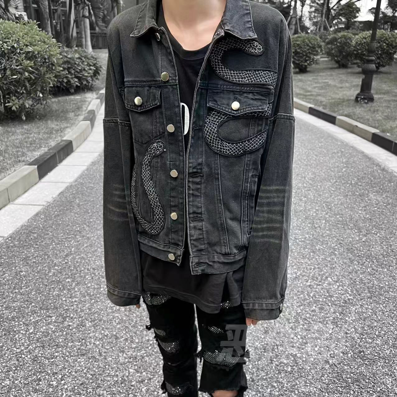 Self-made AMIRI Black Snake Embroidered Denim Jacket - Washed High-Street