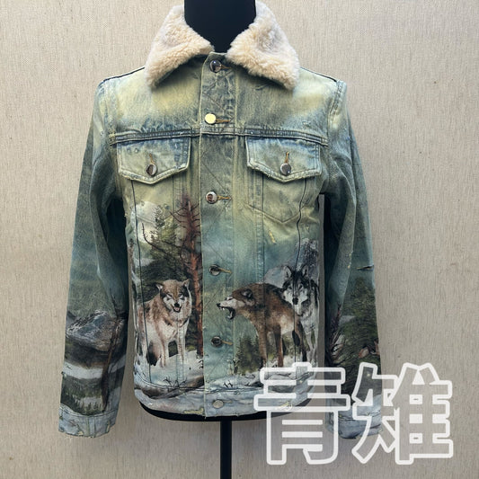 Self-made AMIRI 18AW Snow Wolf Graffiti Jacket - Shearling Collar Waxed High-Street