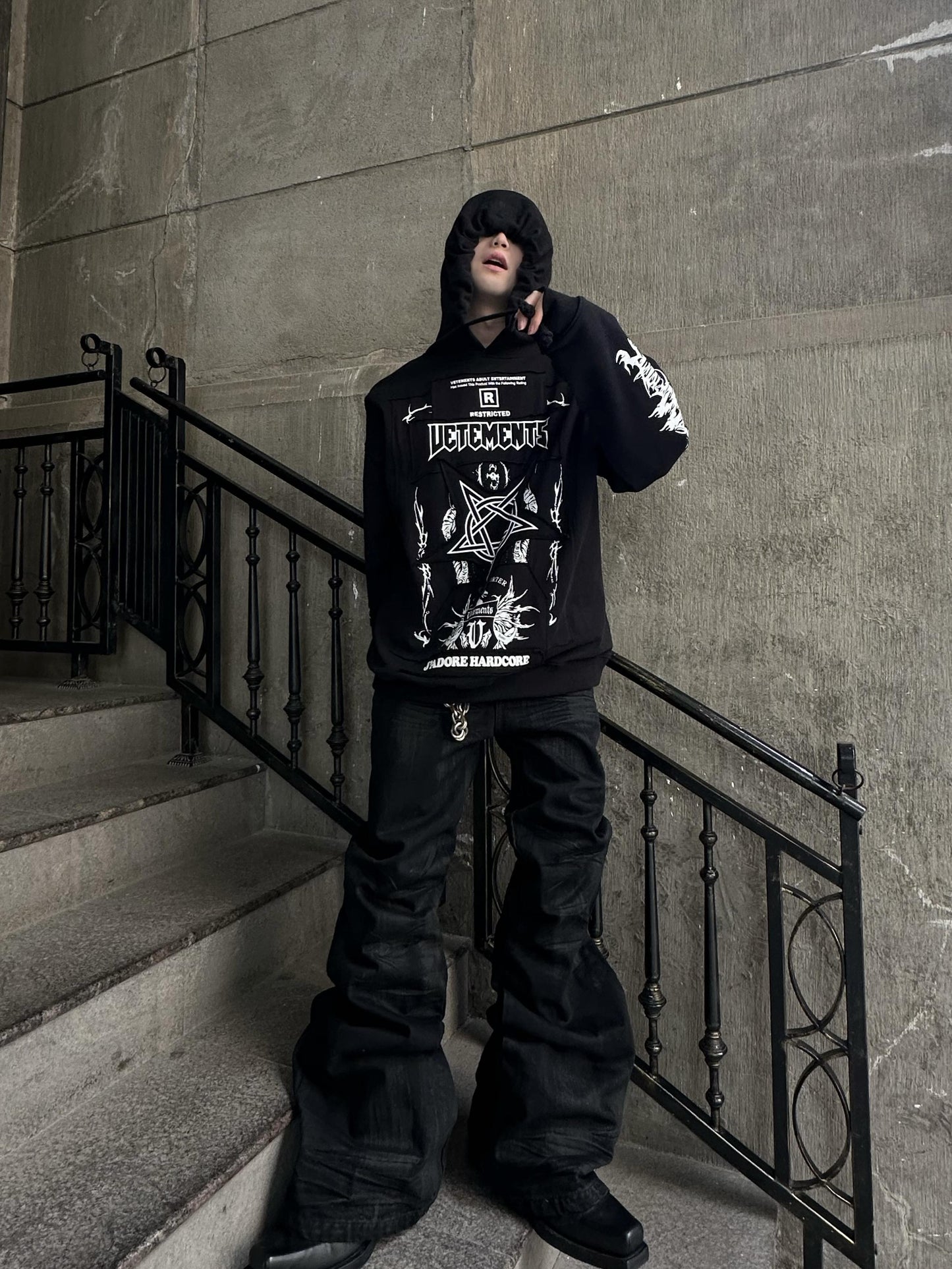 Vetements 24FW Oversized Hoodie J’adore Hardcore Patchwork Garments Black Patched Logo