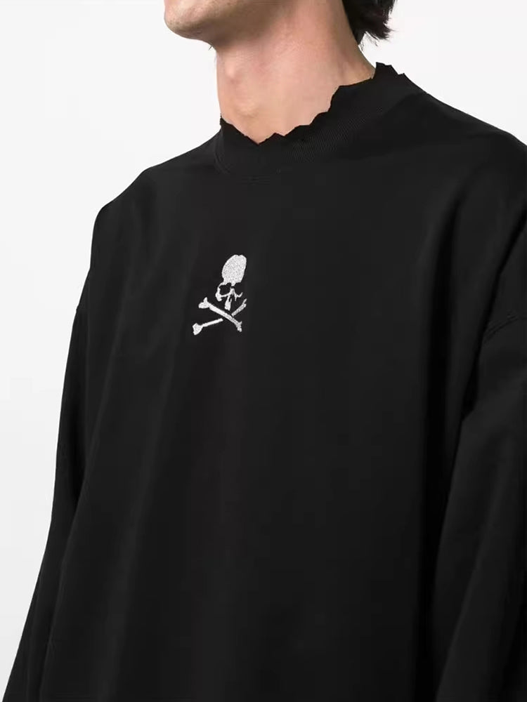 MASTERMIND MMJ Skull Glitter 3D Print Cut-Off Distressed Crewneck Sweatshirt
