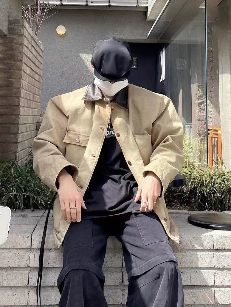 24SS Goatskin Patchwork Workwear Jacket with Leather Collar-Oversized Silhouette