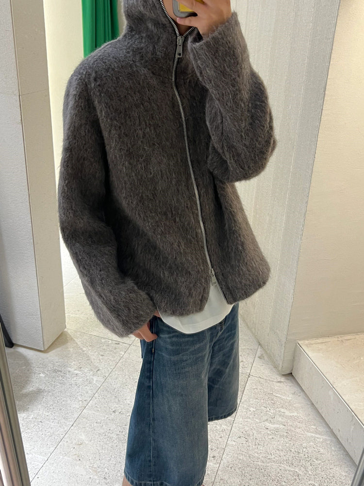 Self-made Our Legacy Grey Mohair Zip Cardigan – Wool Blend Relaxed Hooded Knit