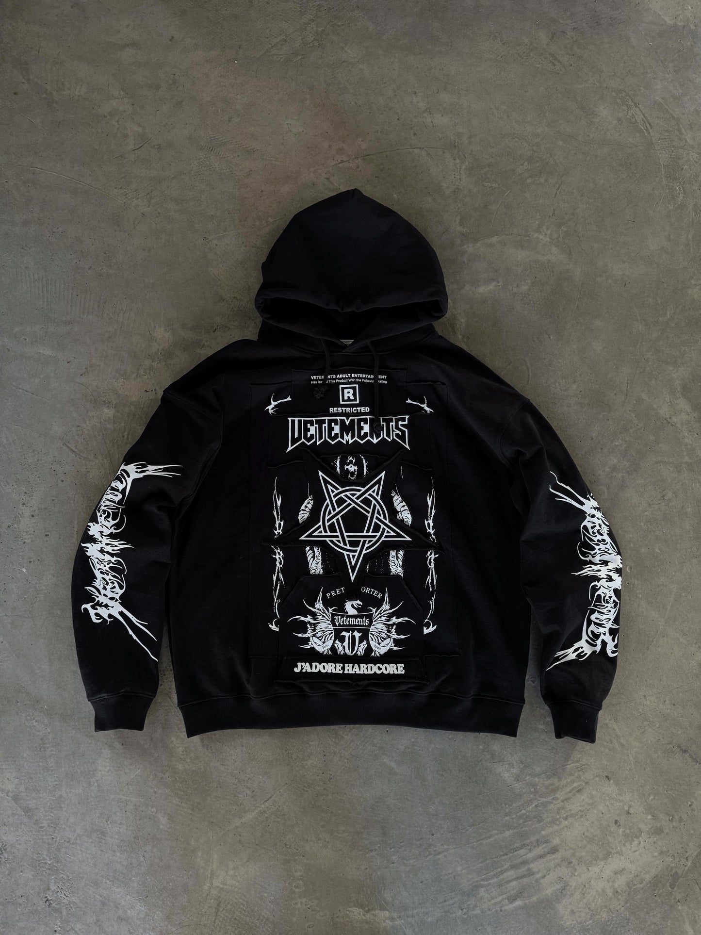 Vetements 24FW Oversized Hoodie J’adore Hardcore Patchwork Garments Black Patched Logo