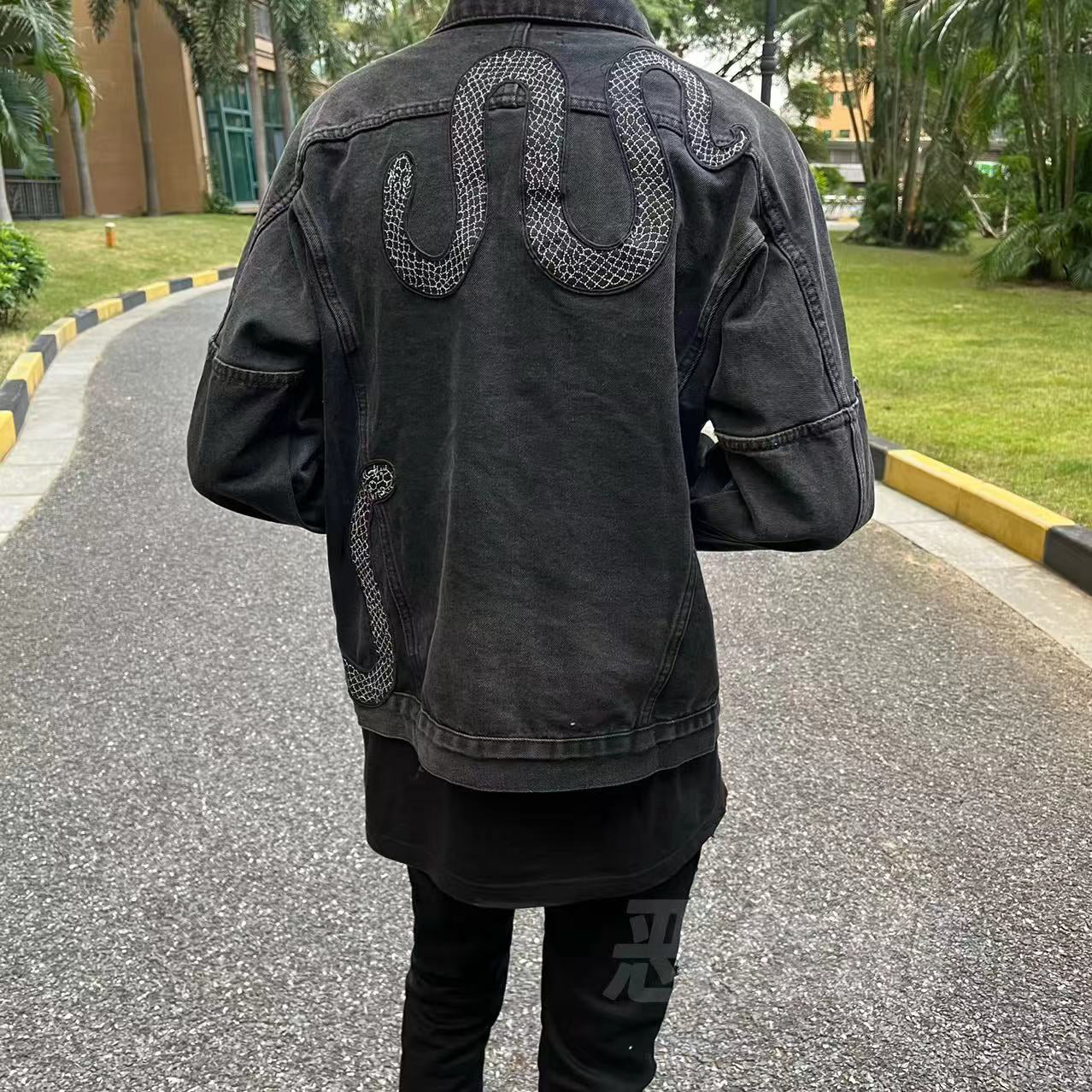 Self-made AMIRI Black Snake Embroidered Denim Jacket - Washed High-Street