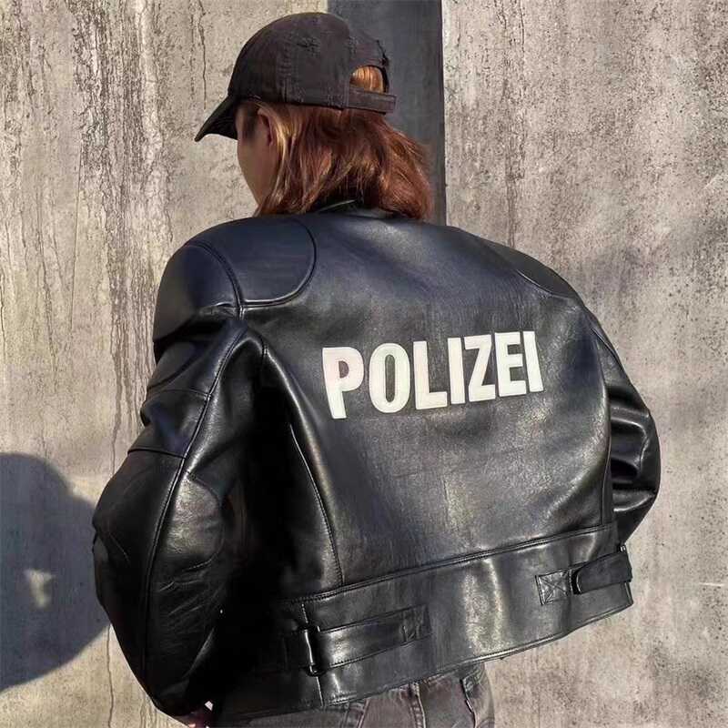 Self-made Vetements Motorcycle Leather Jacket Polizei Wild Man Biker Letter Print
