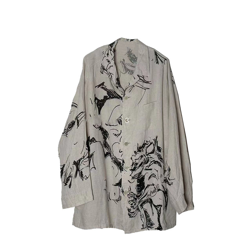 Self-made Yohji Linen Shirt – Yuuka Asakura Yamamoto Hand-Painted Beast Motif