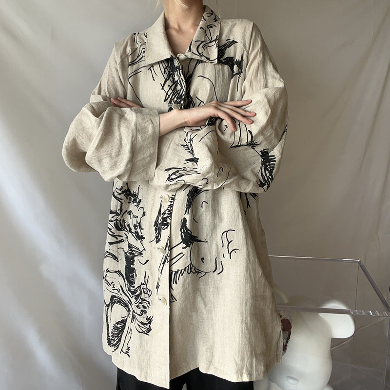Self-made Yohji Linen Shirt – Yuuka Asakura Yamamoto Hand-Painted Beast Motif