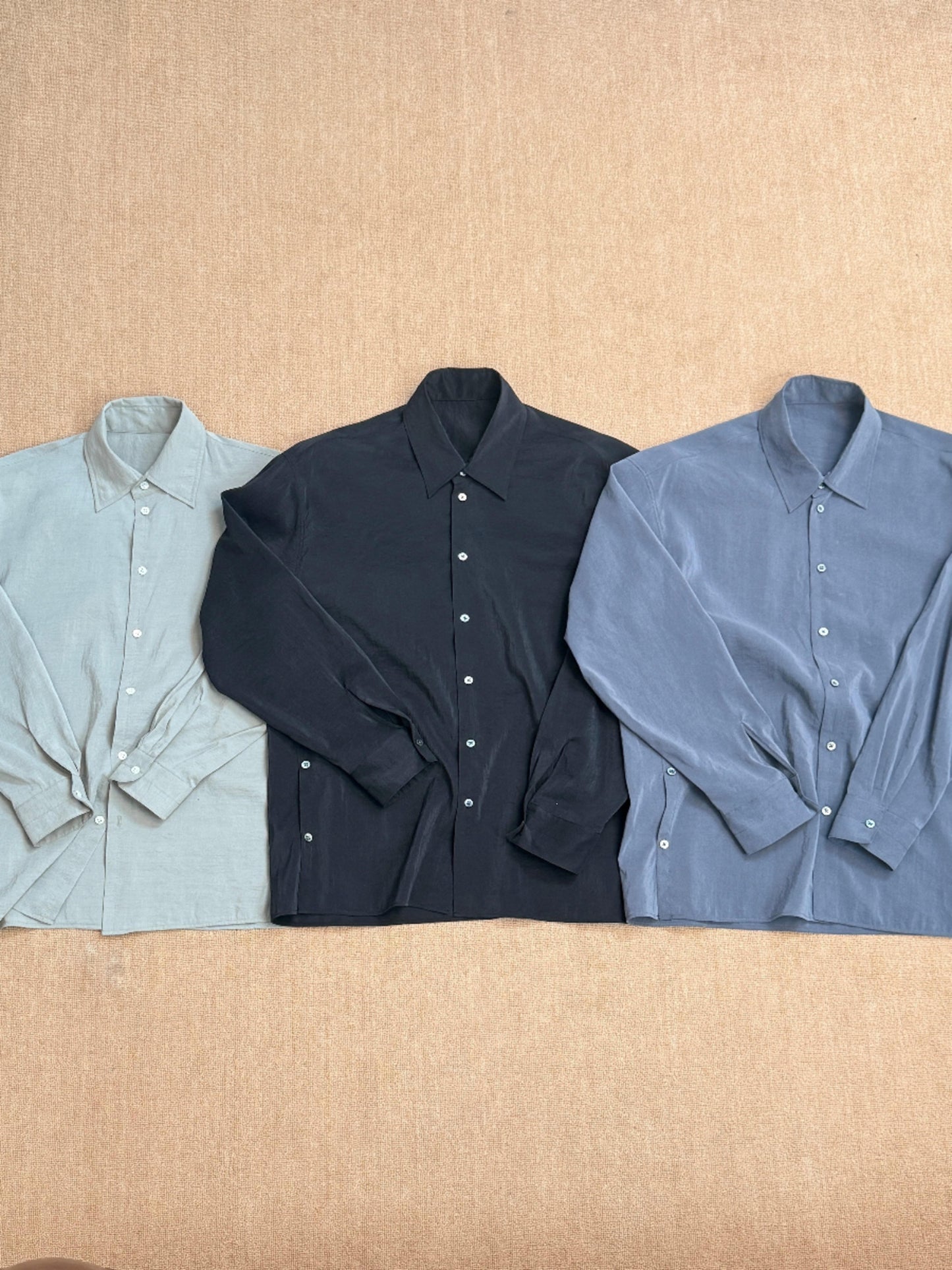 Self-made LEMAIRE 25SS New Glossy Dry Silk Shirt – Sage Green Black Edition