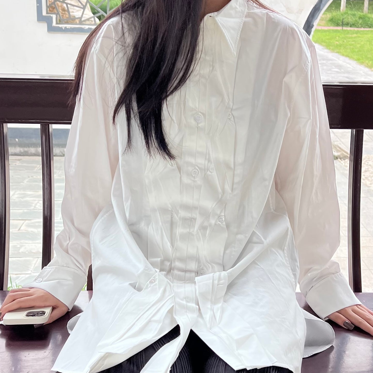 Yohji-Yamamoto Dark Pleated Torn Cotton Silk Blend Shirt Monochrome Palace Style