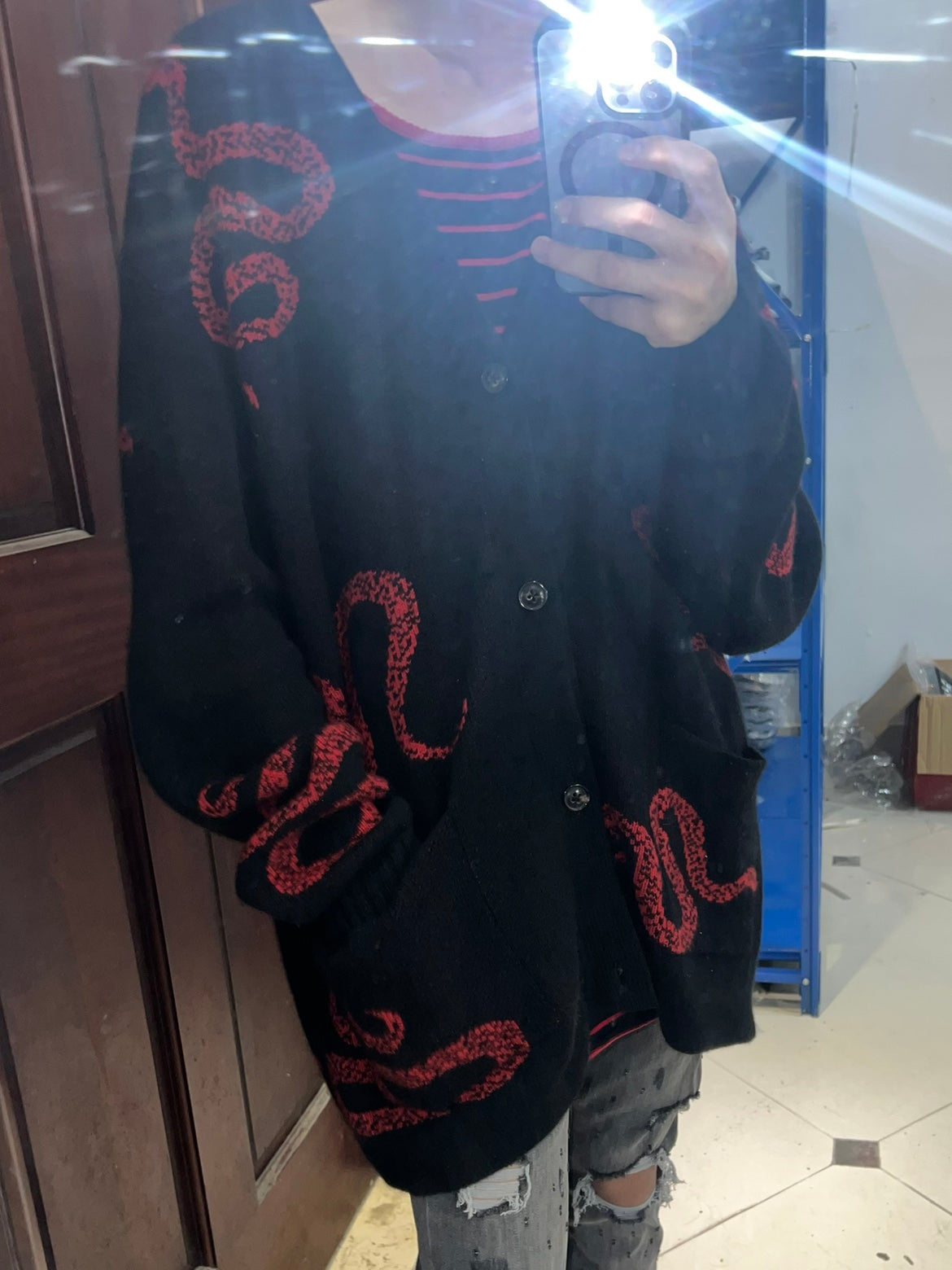 Self-made AMIRI 18AW Dark Red Snake - High-Street Wool Cardigan Jackets