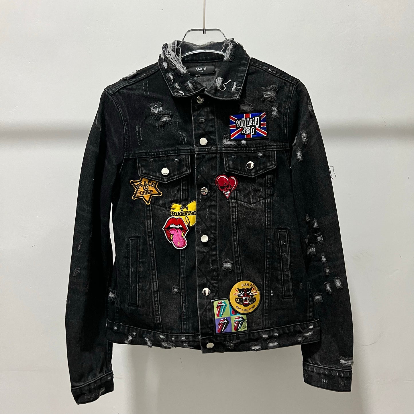 AMIRI Kill Back Denim Jacket - High Street Raw Hem Random Embroidered Patches