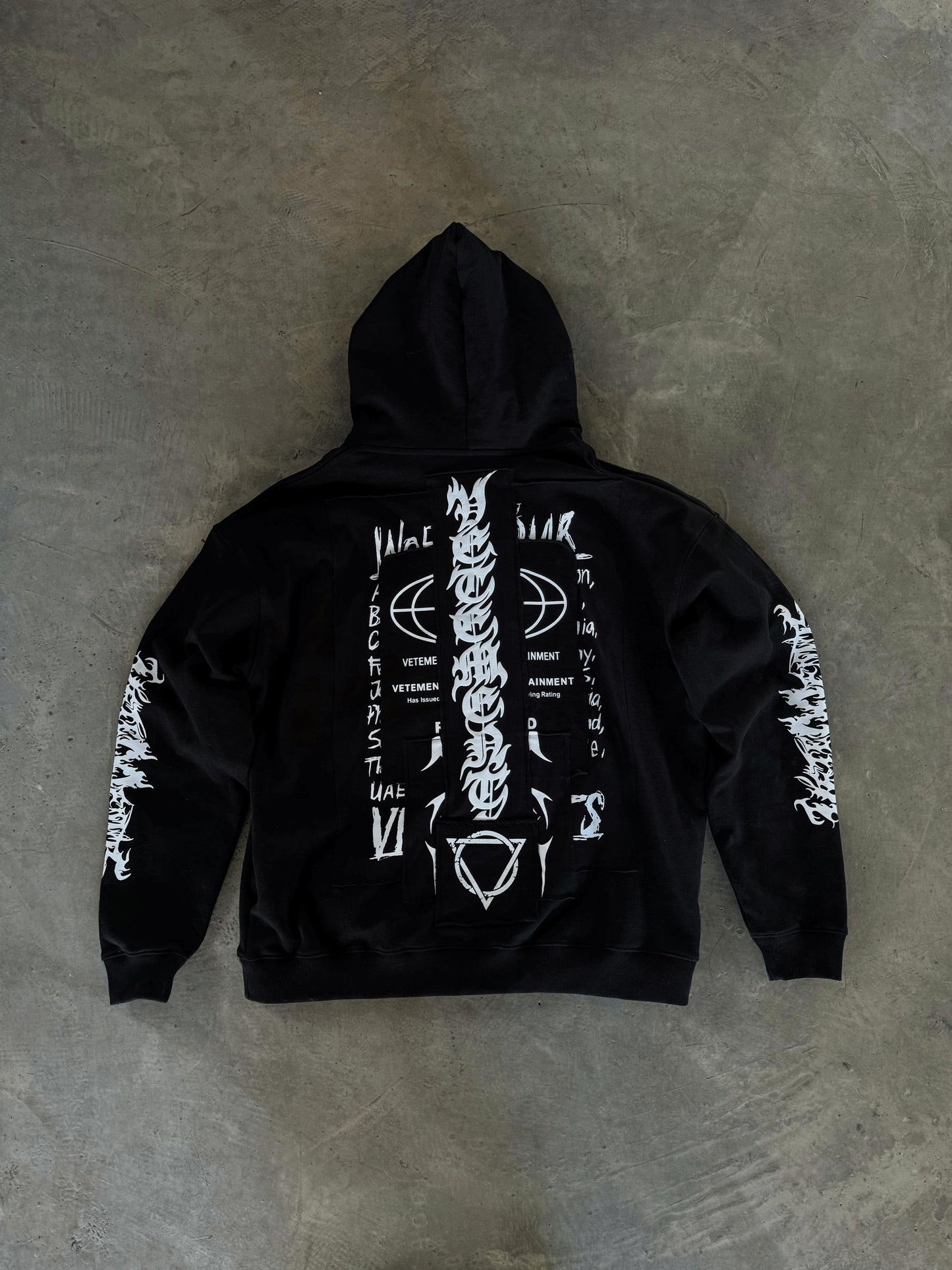 Vetements 24FW Oversized Hoodie J’adore Hardcore Patchwork Garments Black Patched Logo