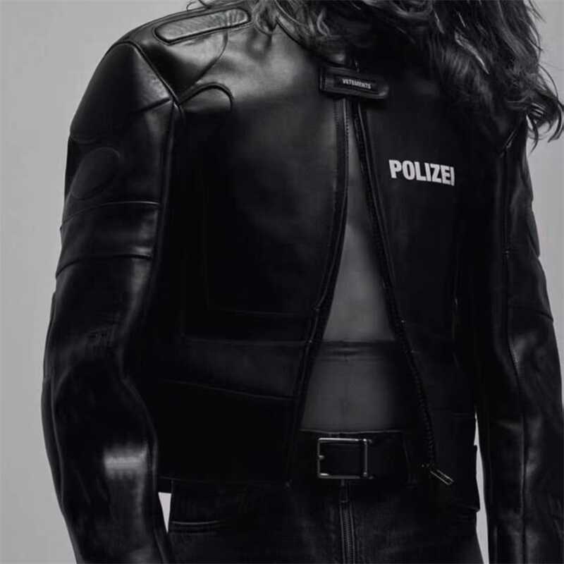 Self-made Vetements Motorcycle Leather Jacket Polizei Wild Man Biker Letter Print
