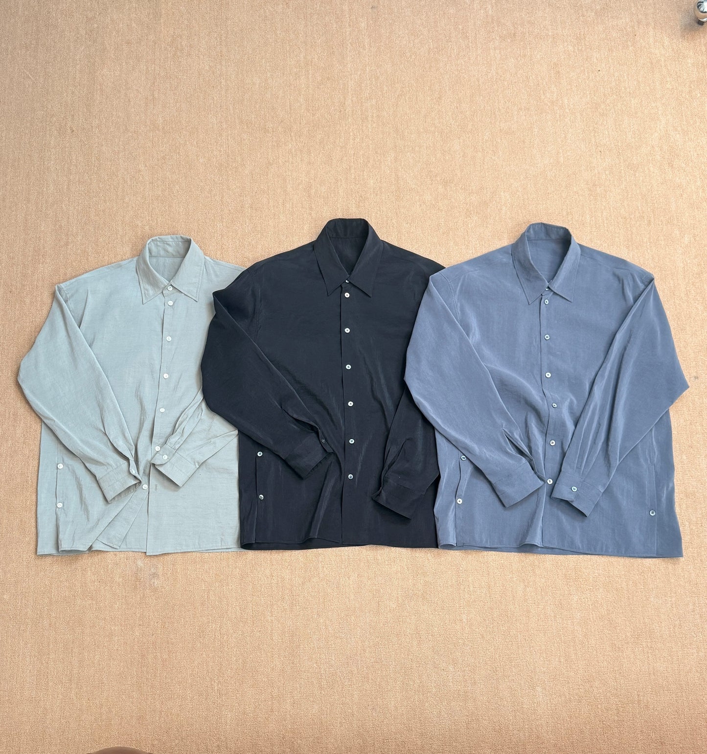 Self-made LEMAIRE 25SS New Glossy Dry Silk Shirt – Sage Green Black Edition