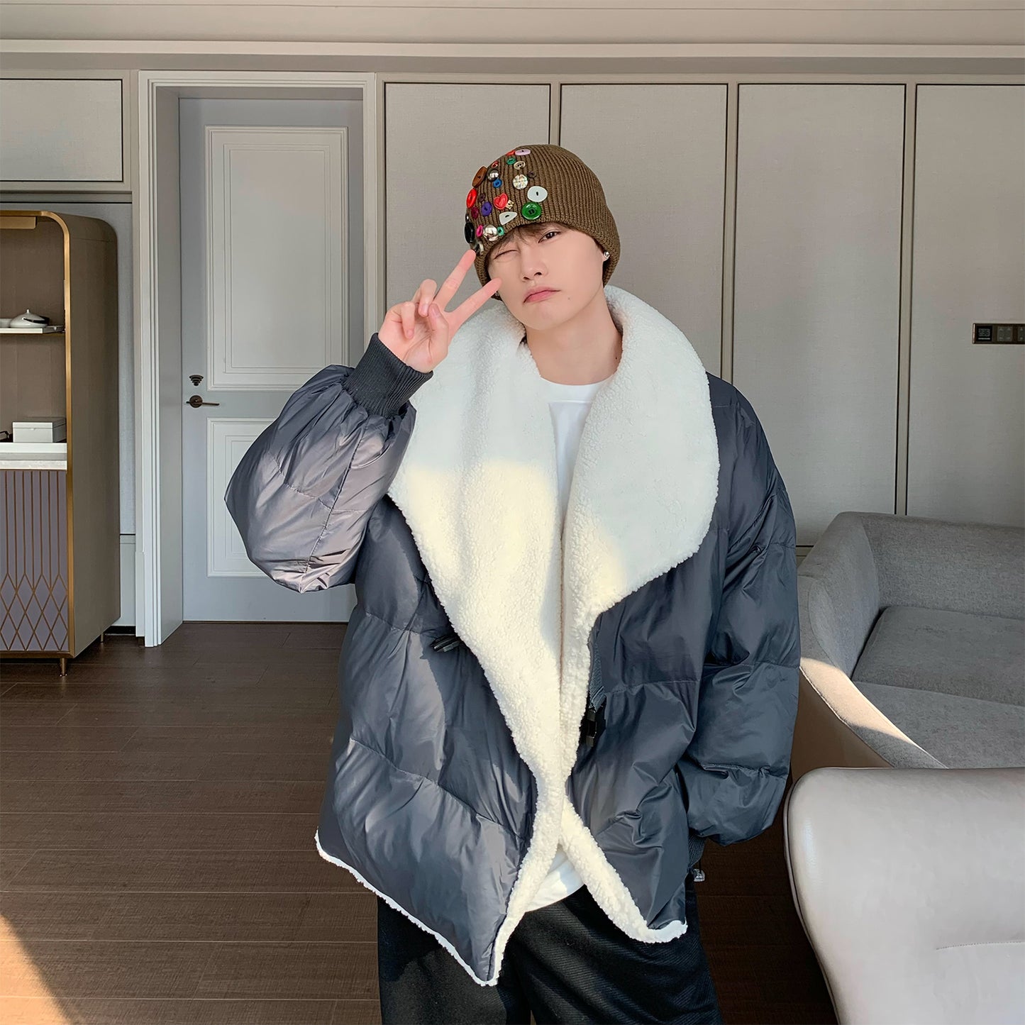 Donclickin Minimalist Shearling Cotton Jacket – Korean Oversized Turn-Down Collar