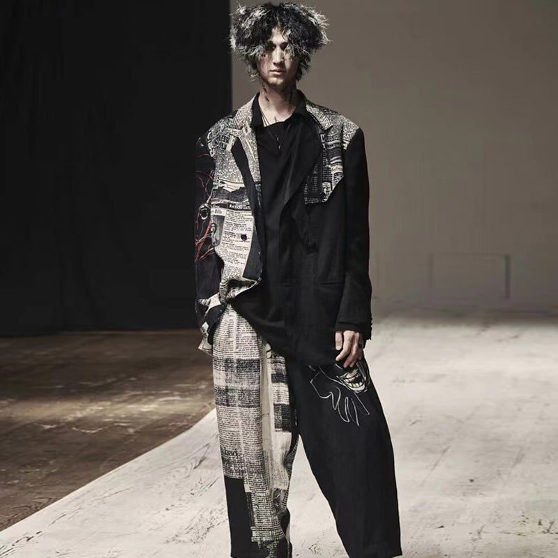Self-made Yohji 23AW Newspaper Print Blazer - Casual Loose Black Suit Jackets
