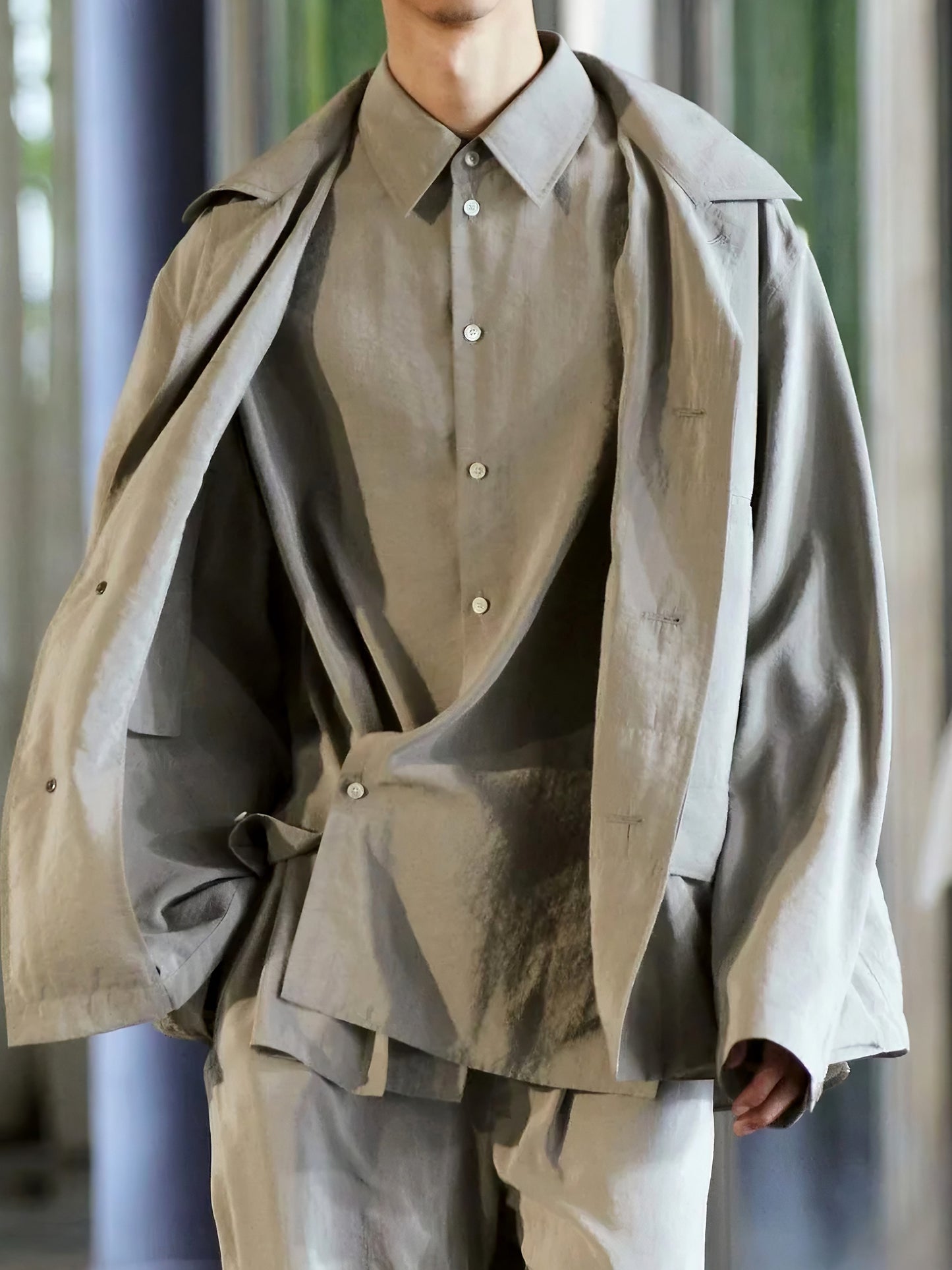Self-made LEMAIRE 25SS New Glossy Dry Silk Shirt – Sage Green Black Edition