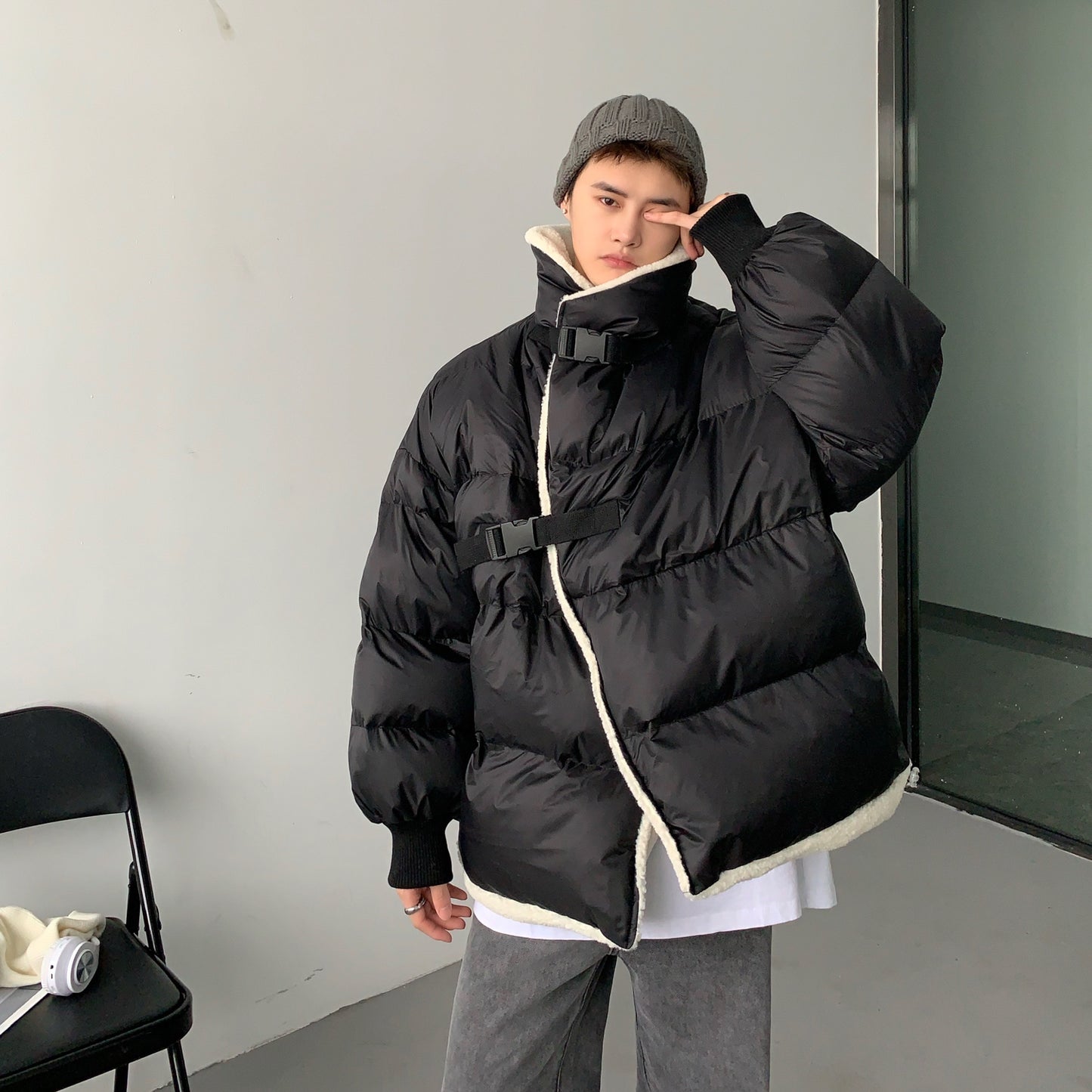 Donclickin Minimalist Shearling Cotton Jacket – Korean Oversized Turn-Down Collar