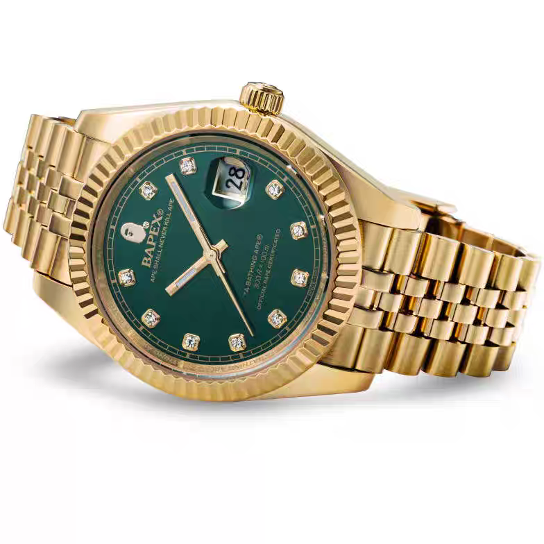 Self-made TYPE 6 BAPEX Gold-Green Ape Power Watch - Fluted Bezel Datejust Mechanical Wristwatch