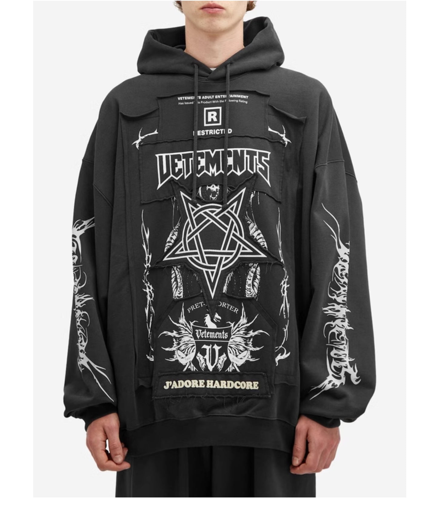 Vetements 24FW Oversized Hoodie J’adore Hardcore Patchwork Garments Black Patched Logo
