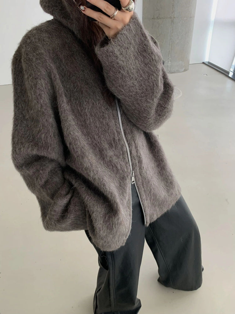 Self-made Our Legacy Grey Mohair Zip Cardigan – Wool Blend Relaxed Hooded Knit