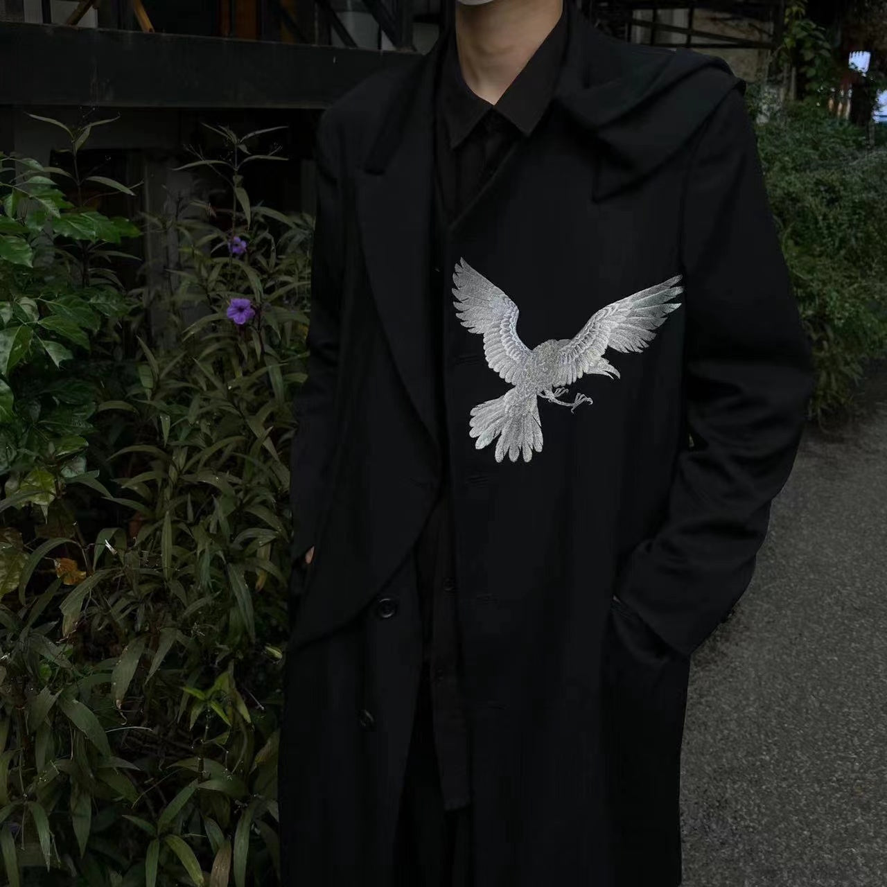 Self-made Yohji Wool Trench Coat - Double-Layered Collar White Raven Embroidery