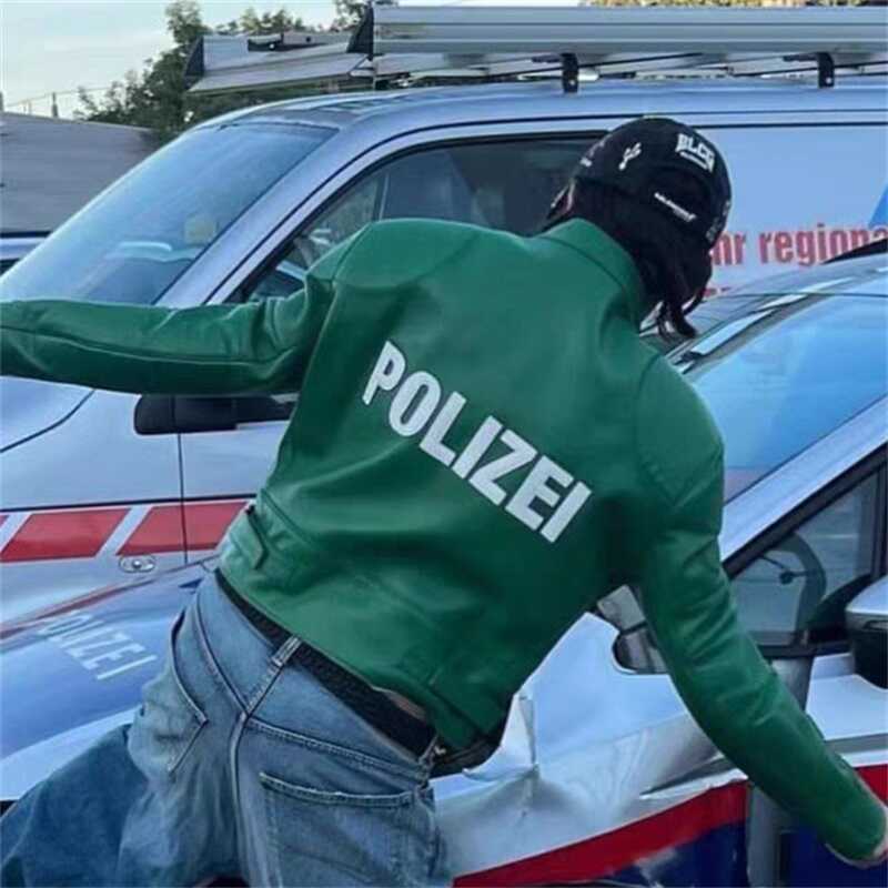 Self-made Vetements Motorcycle Leather Jacket Polizei Wild Man Biker Letter Print