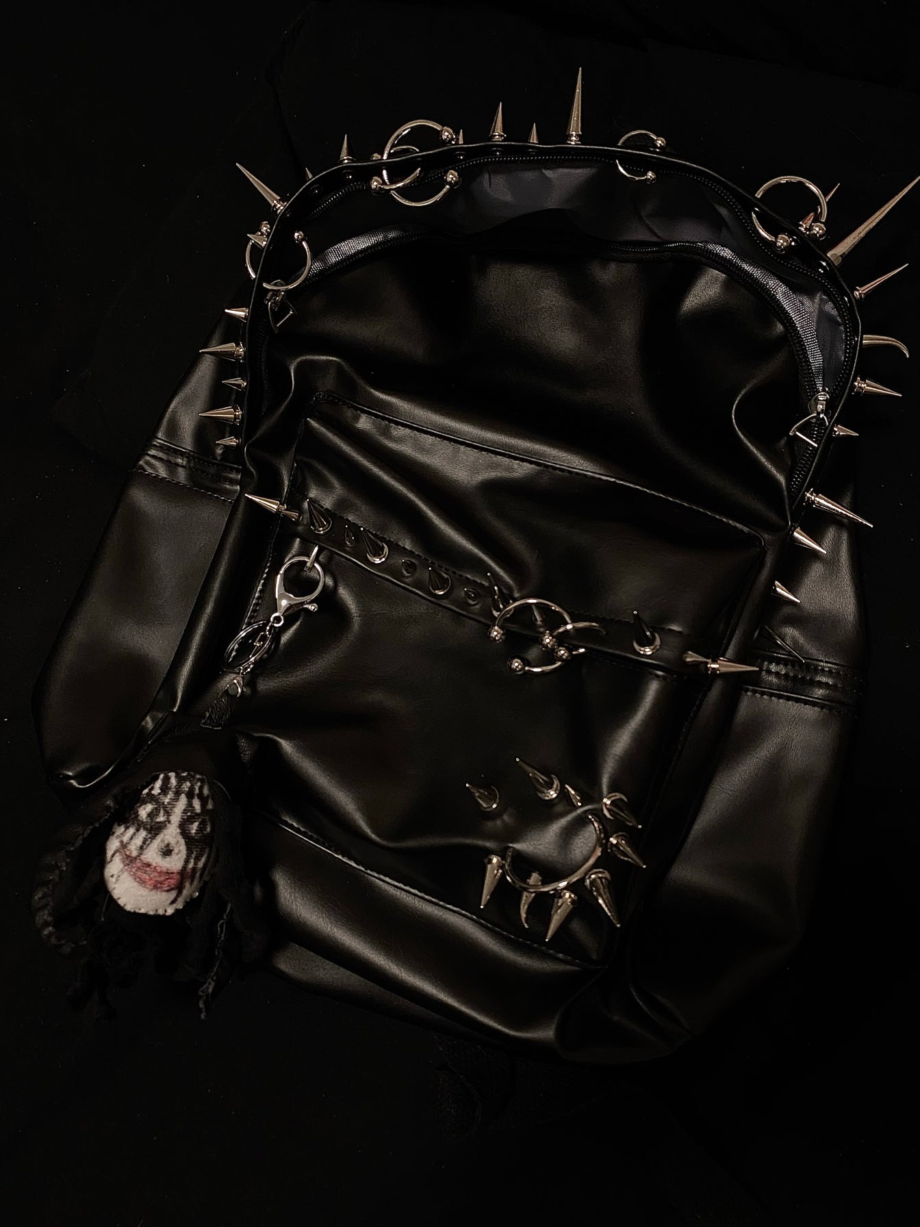 donclickin Playboi Carti OPIUM Punk Studded & Pierced Black Leather Backpack