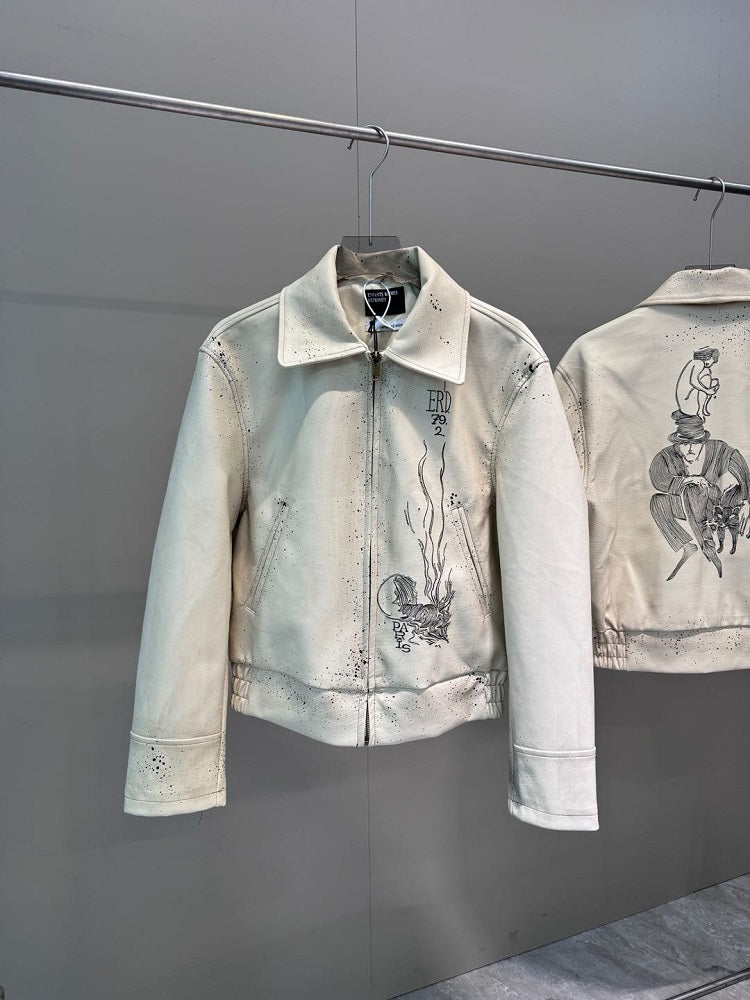 ERD SS24 Depressed Heir Embroidered Splatter Leather Biker Jacket Wookvibe