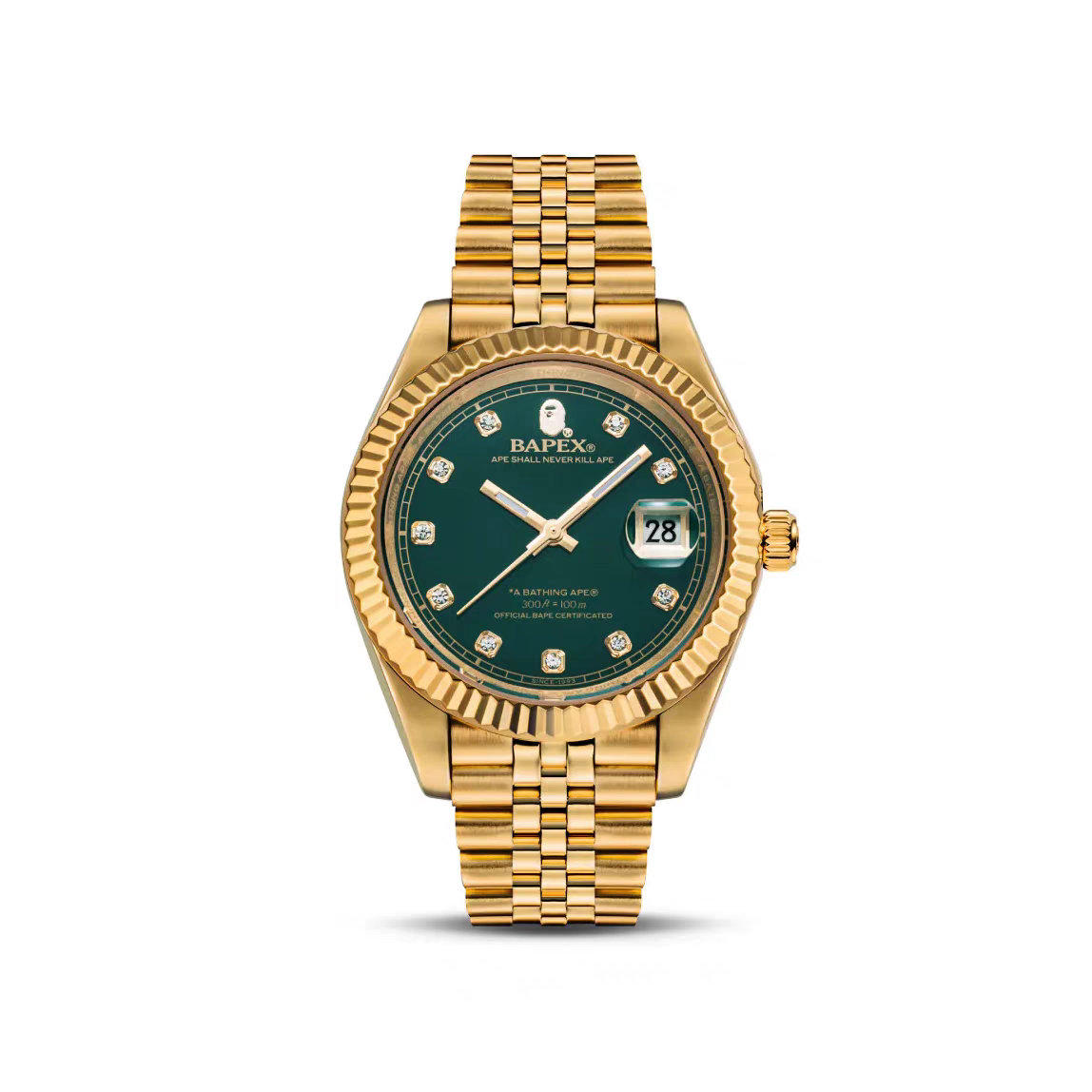 Self-made TYPE 6 BAPEX Gold-Green Ape Power Watch - Fluted Bezel Datejust Mechanical Wristwatch