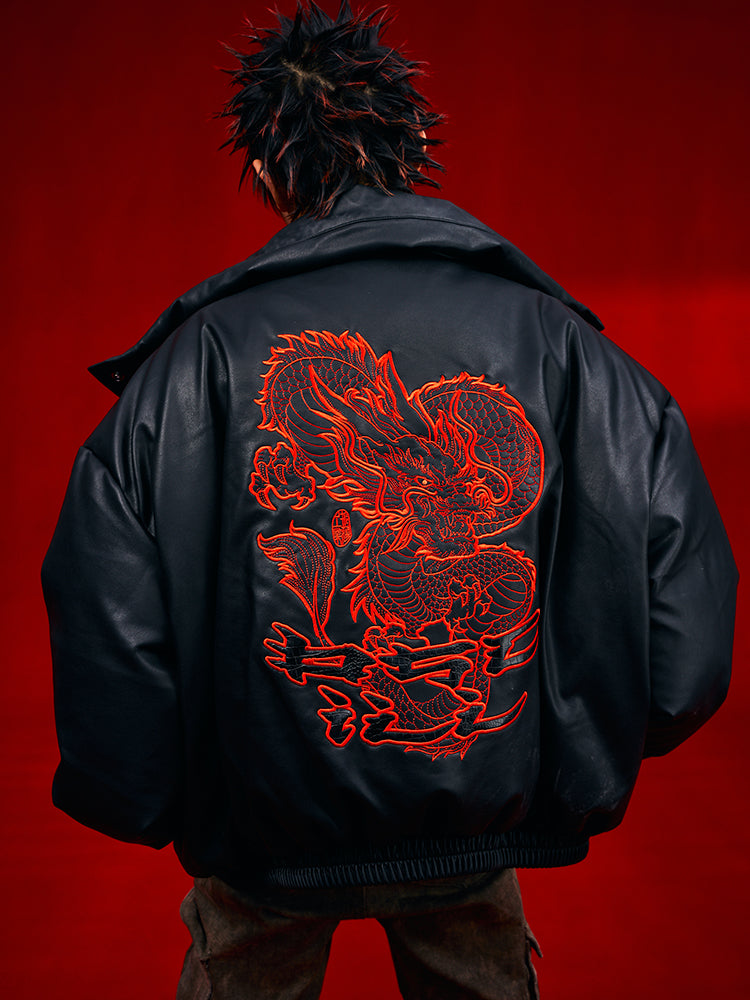 OSCill Oscillating Industries: Dragon Leather Silhouette Down Jacket, Loose-Fit