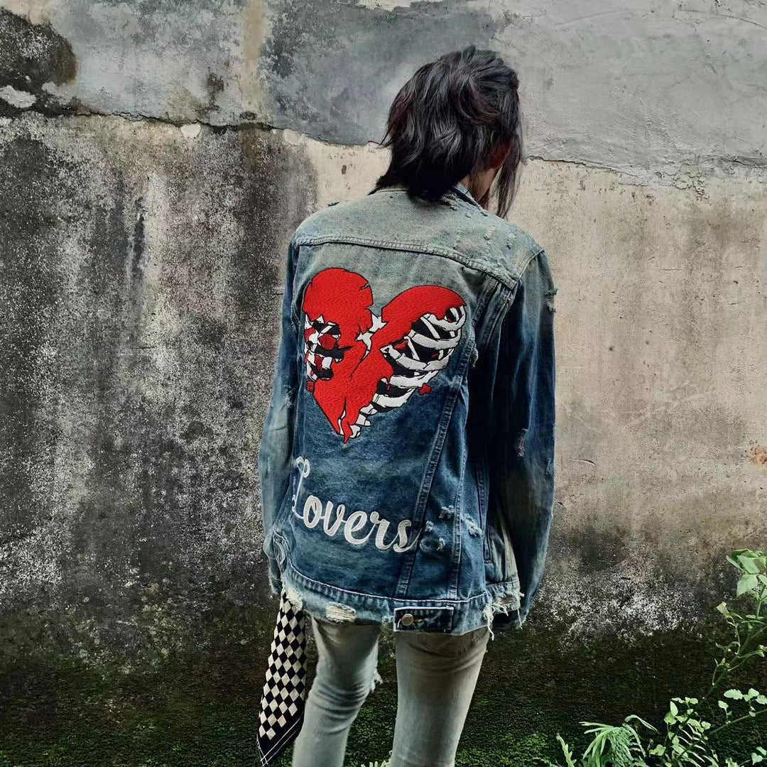 Self-made AMIRI Heartbreak Lovers Denim Jacket - Embroidered Washed Highstreet