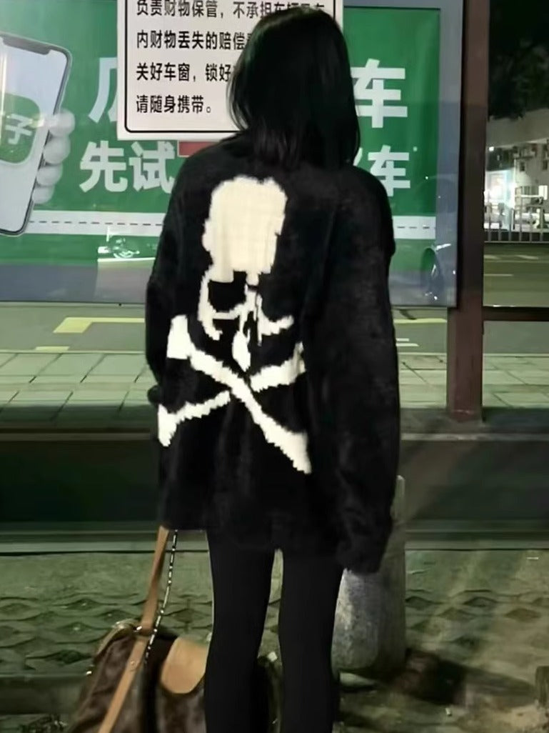Mastermind Online Dark Alpaca Skull Cardigan – High-Street Loose Knit Sweater