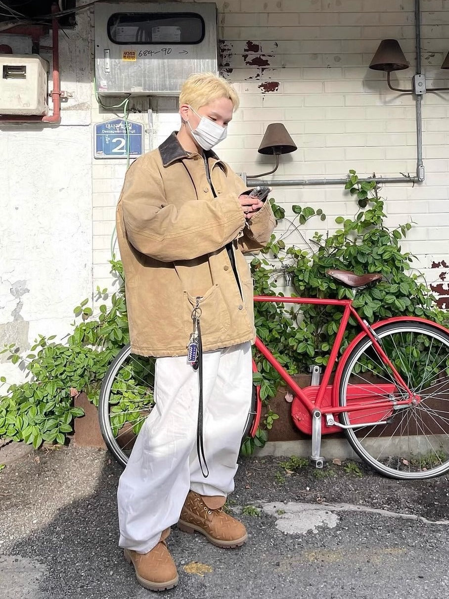 24SS Goatskin Patchwork Workwear Jacket with Leather Collar-Oversized Silhouette