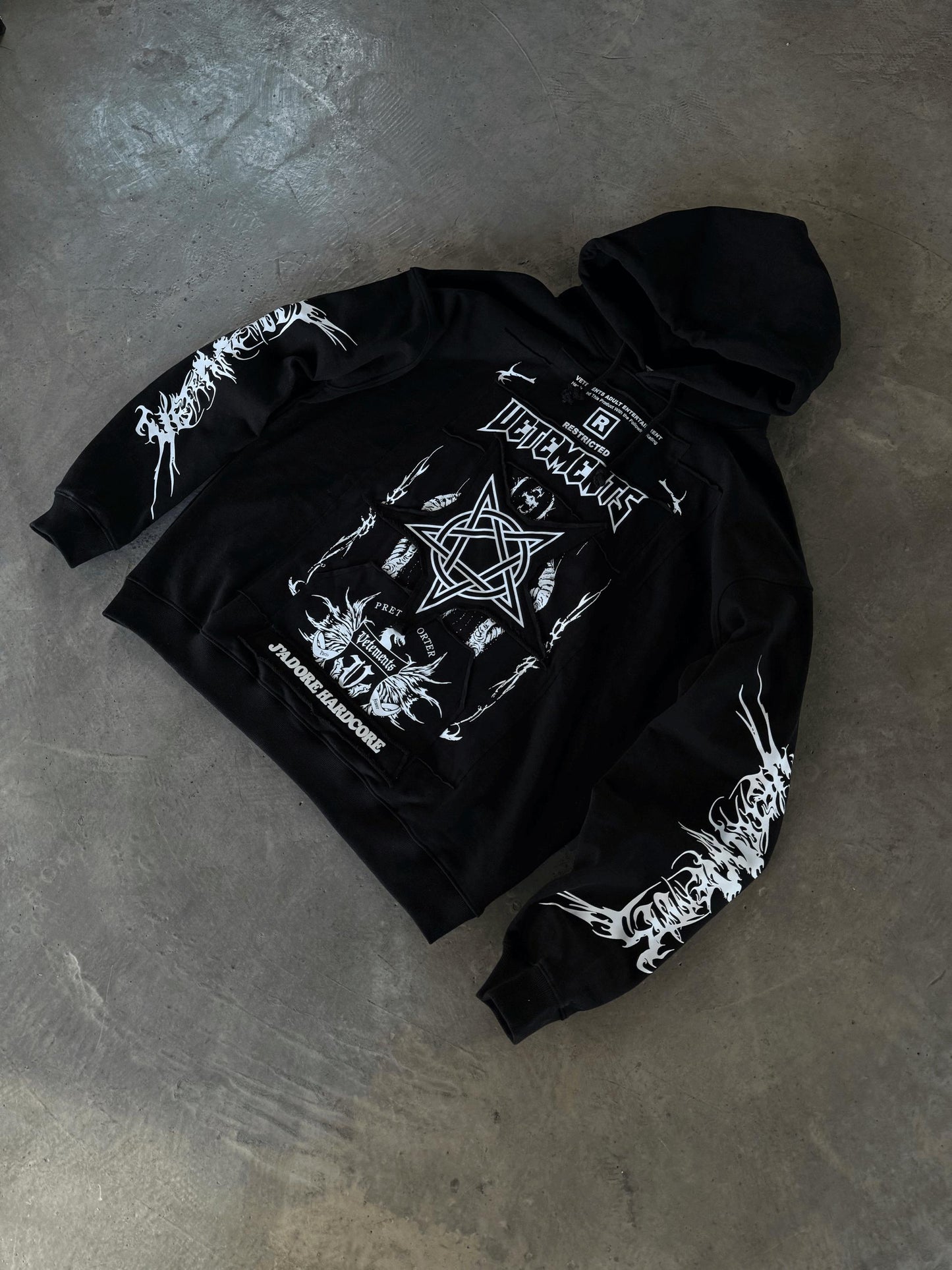 Vetements 24FW Oversized Hoodie J’adore Hardcore Patchwork Garments Black Patched Logo