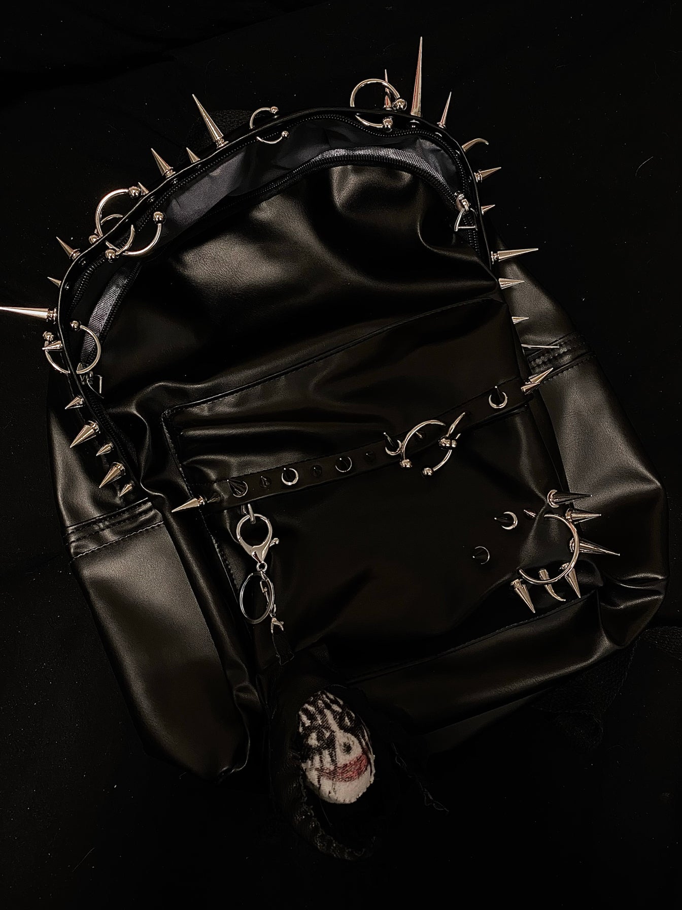 donclickin Playboi Carti OPIUM Punk Studded & Pierced Black Leather Backpack