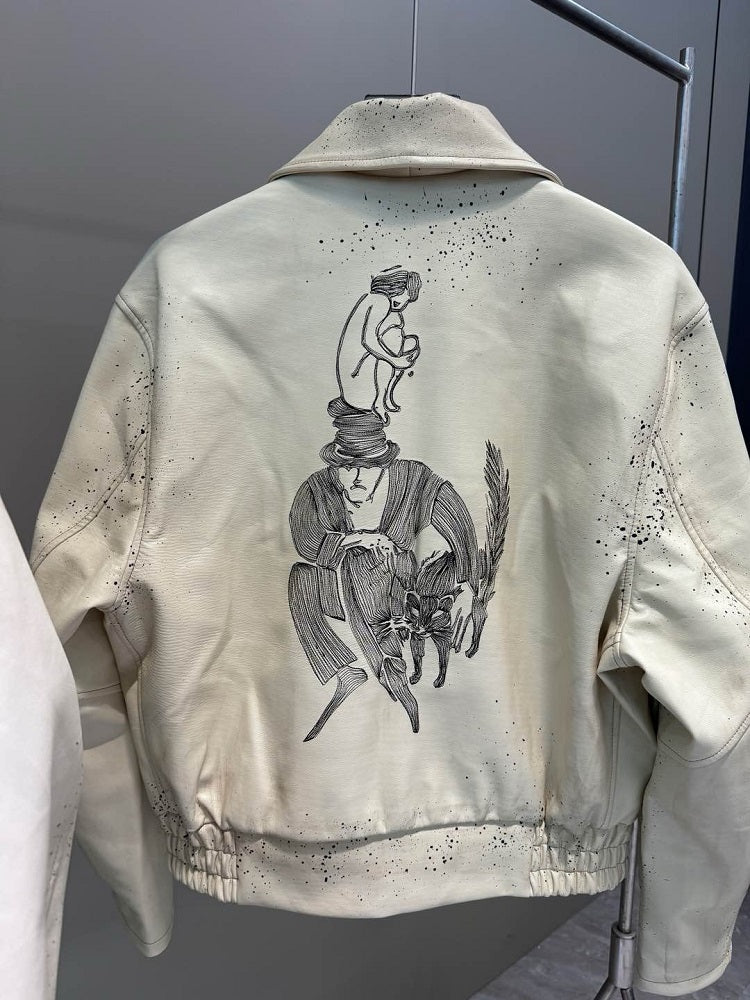 ERD SS24 Depressed Heir Embroidered Splatter Leather Biker Jacket Wookvibe