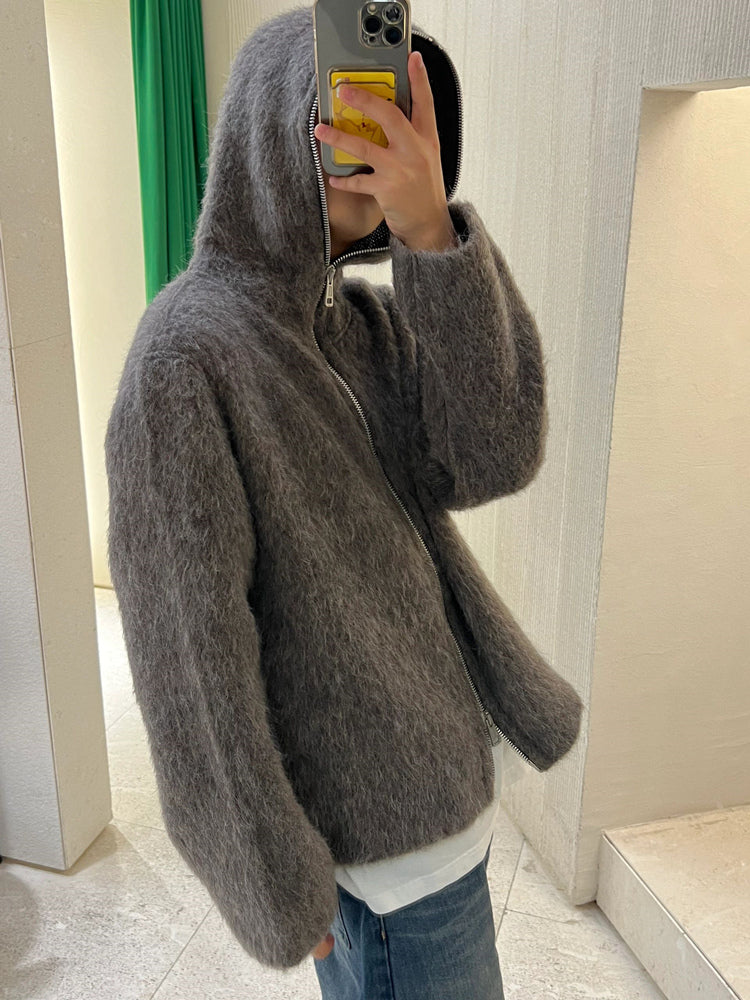 Self-made Our Legacy Grey Mohair Zip Cardigan – Wool Blend Relaxed Hooded Knit