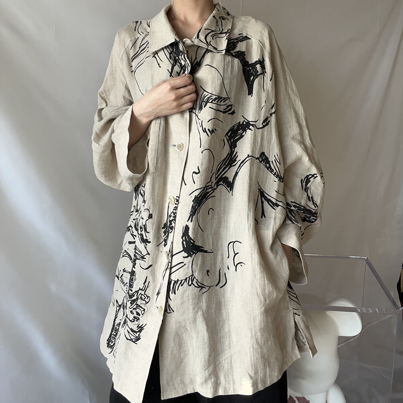Self-made Yohji Linen Shirt – Yuuka Asakura Yamamoto Hand-Painted Beast Motif