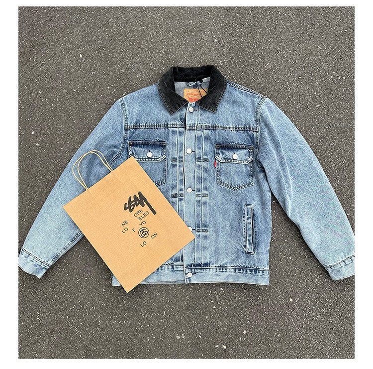 Self-made Stussy Embossed 8 ball X Levis Jacket Washed Denim Outerwear