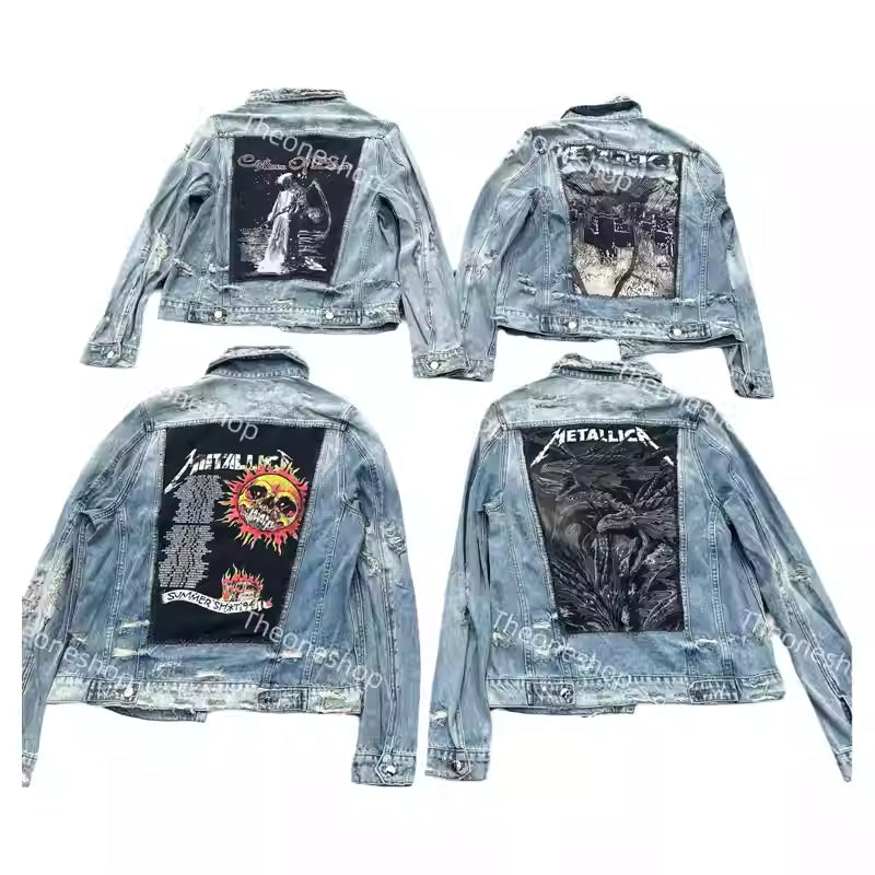 Self-made AMIRI 16OG Patchwork Back Kill Denim Jacket Metallica High-Street