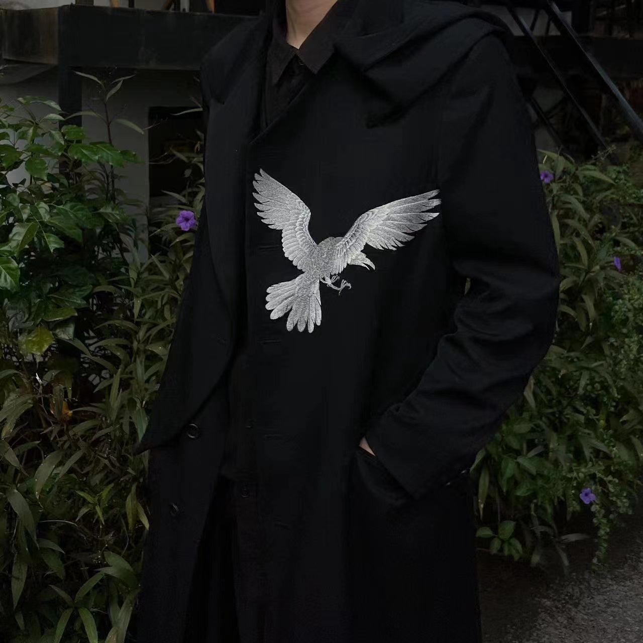 Self-made Yohji Wool Trench Coat - Double-Layered Collar White Raven Embroidery