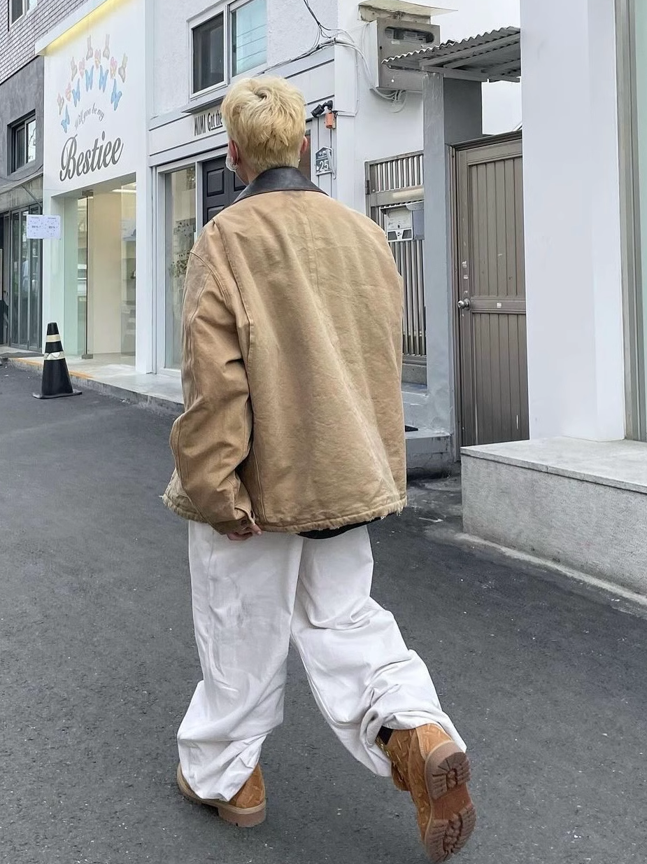 24SS Goatskin Patchwork Workwear Jacket with Leather Collar-Oversized Silhouette