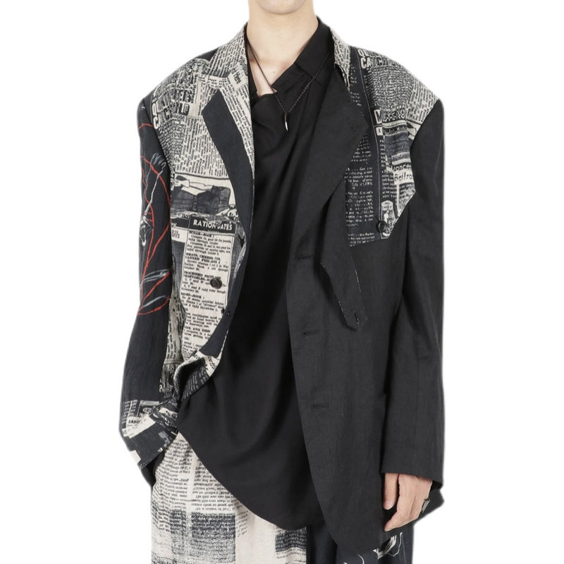 Self-made Yohji 23AW Newspaper Print Blazer - Casual Loose Black Suit Jackets