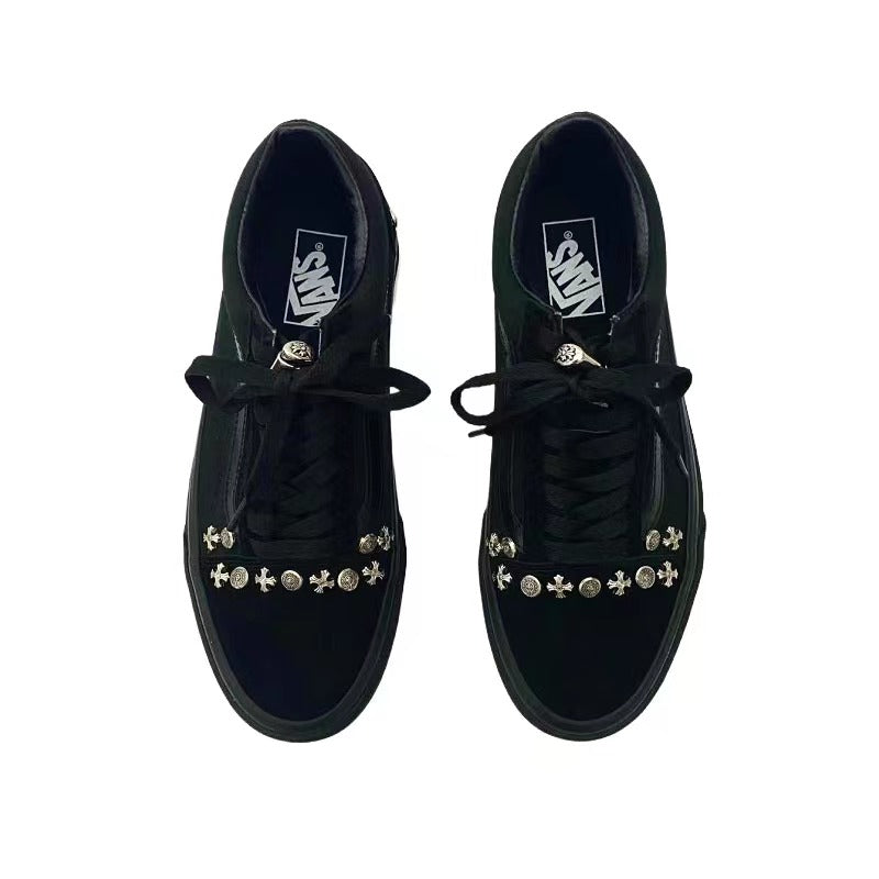 Vans Old Skool Chrome Handmade Low-Top Shoes Black Cross Studded Canvas Sneakers