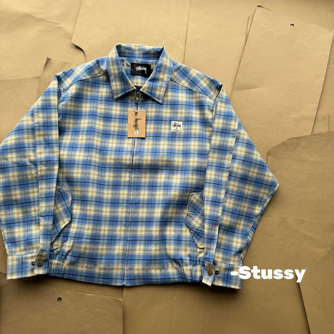 Stussy 24SS Blue Plaid Collared Coach Jacket – Retro Coats Casual Outerwear