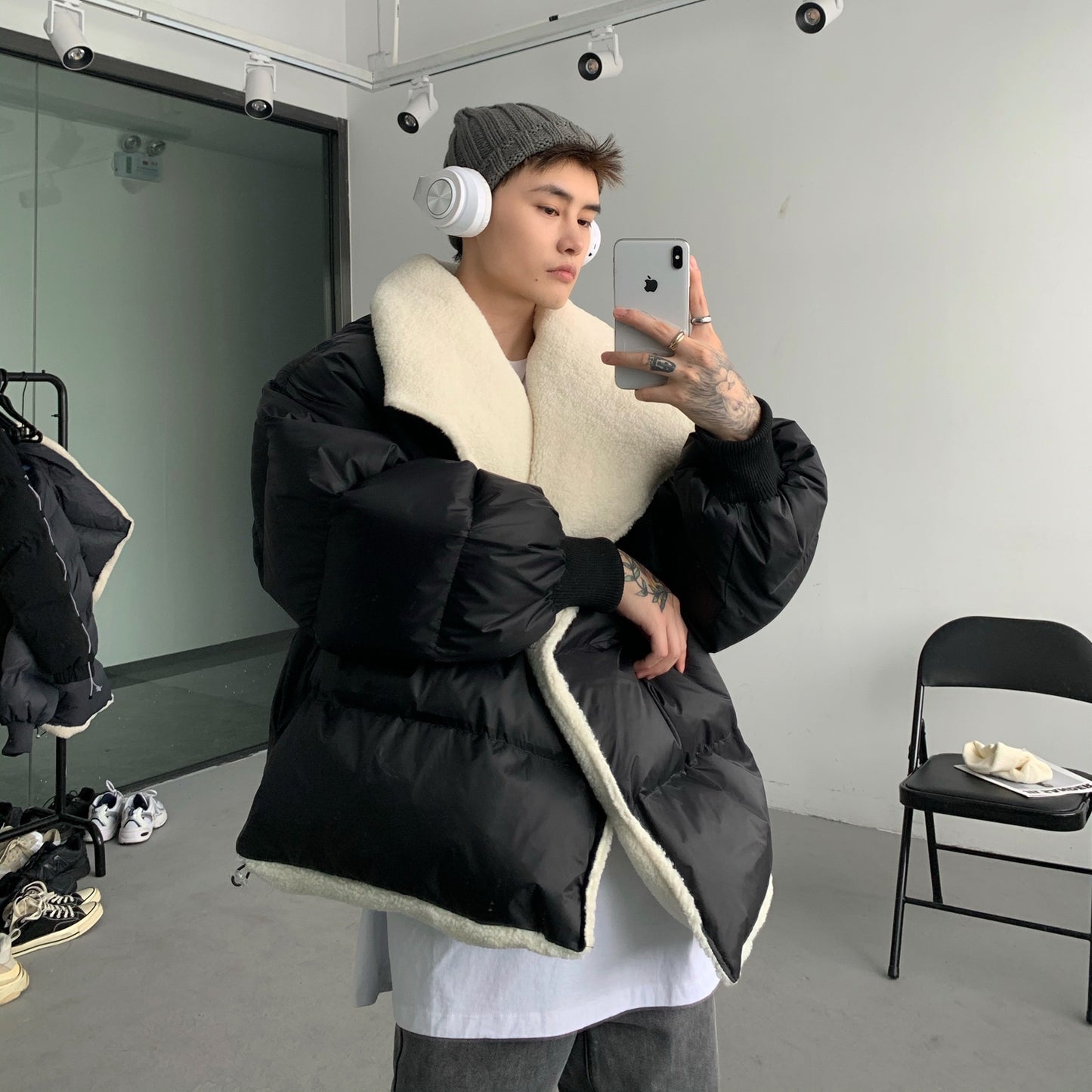 Donclickin Minimalist Shearling Cotton Jacket – Korean Oversized Turn-Down Collar