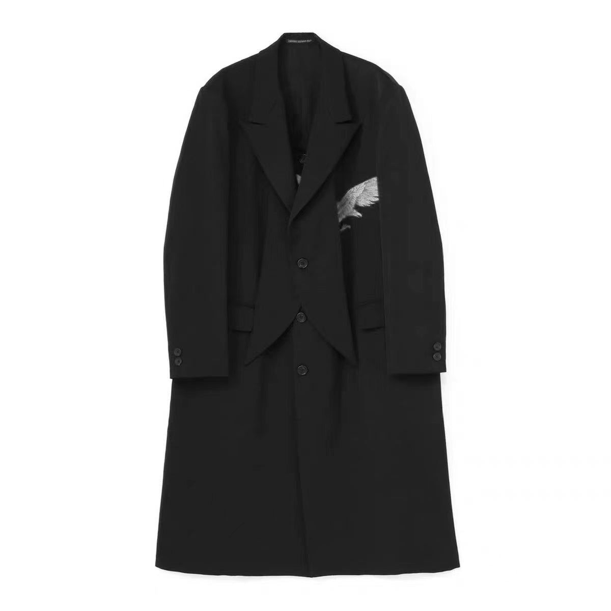 Self-made Yohji Wool Trench Coat - Double-Layered Collar White Raven Embroidery